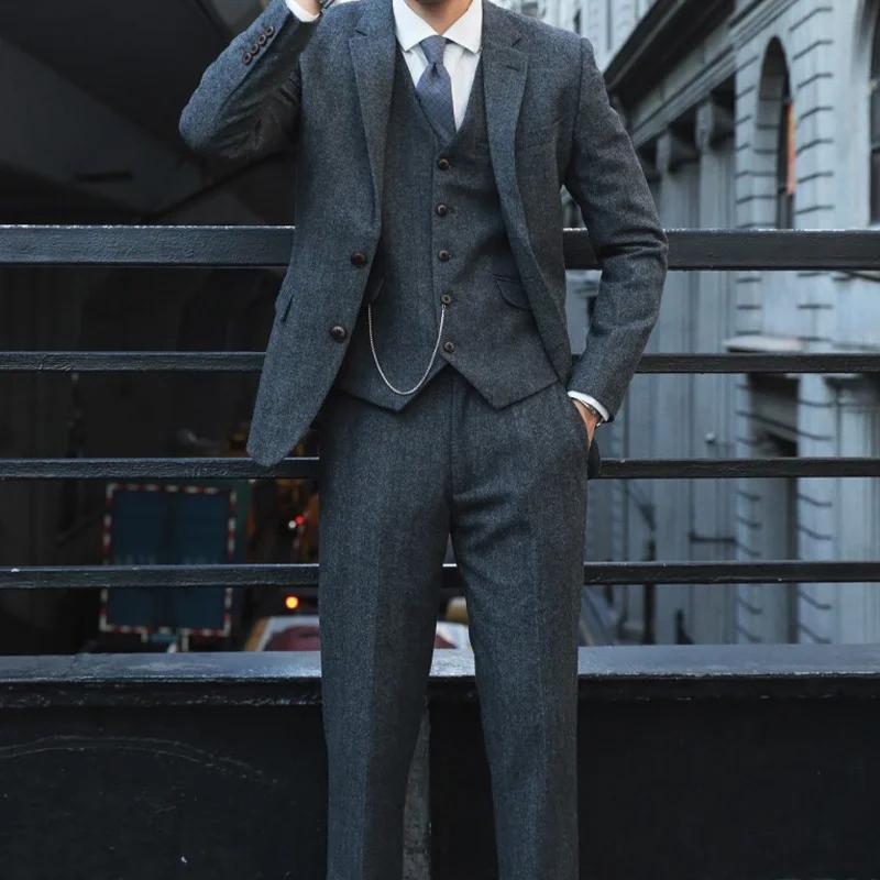 Costume trois pièces rétro britannique Yuppie pour hommes, Style Peaky Blinders, en laine Tweed, à c