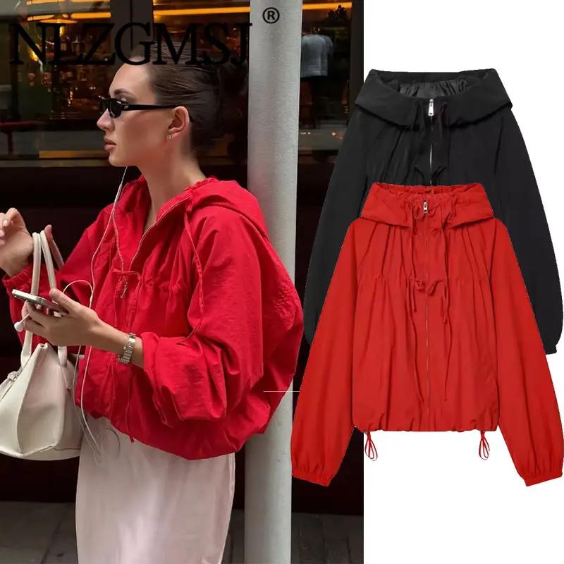 Nlzgmsj 2026 Printemps – Blouson décontracté à capuche rouge pour femme, manteau court zippé à manch