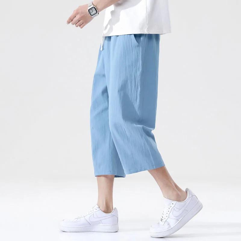 Pantalon court en lin pour hommes, décontracté, couleur unie, jambe droite, léger, grand, imitation