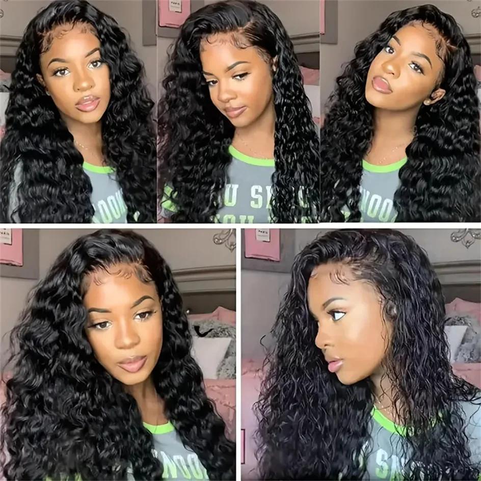 Perruque Lace Front Wig bouclée naturelle, cheveux humains, Deep Water Wave, HD, 13x4, 13x6, choix d
