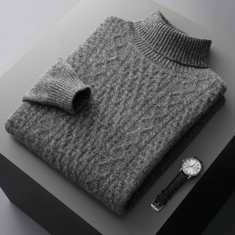 Nouveau automne et hiver 100% laine mérinos hommes col haut double brin épais jacquard pull pull tri