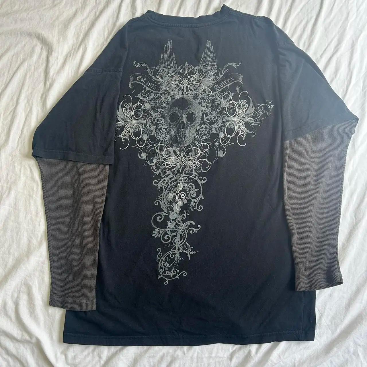 T-shirt à manches longues imprimé crâne graphique vintage, Y2K Cyber Aesthetic, Y-Patchwork Tee, Got