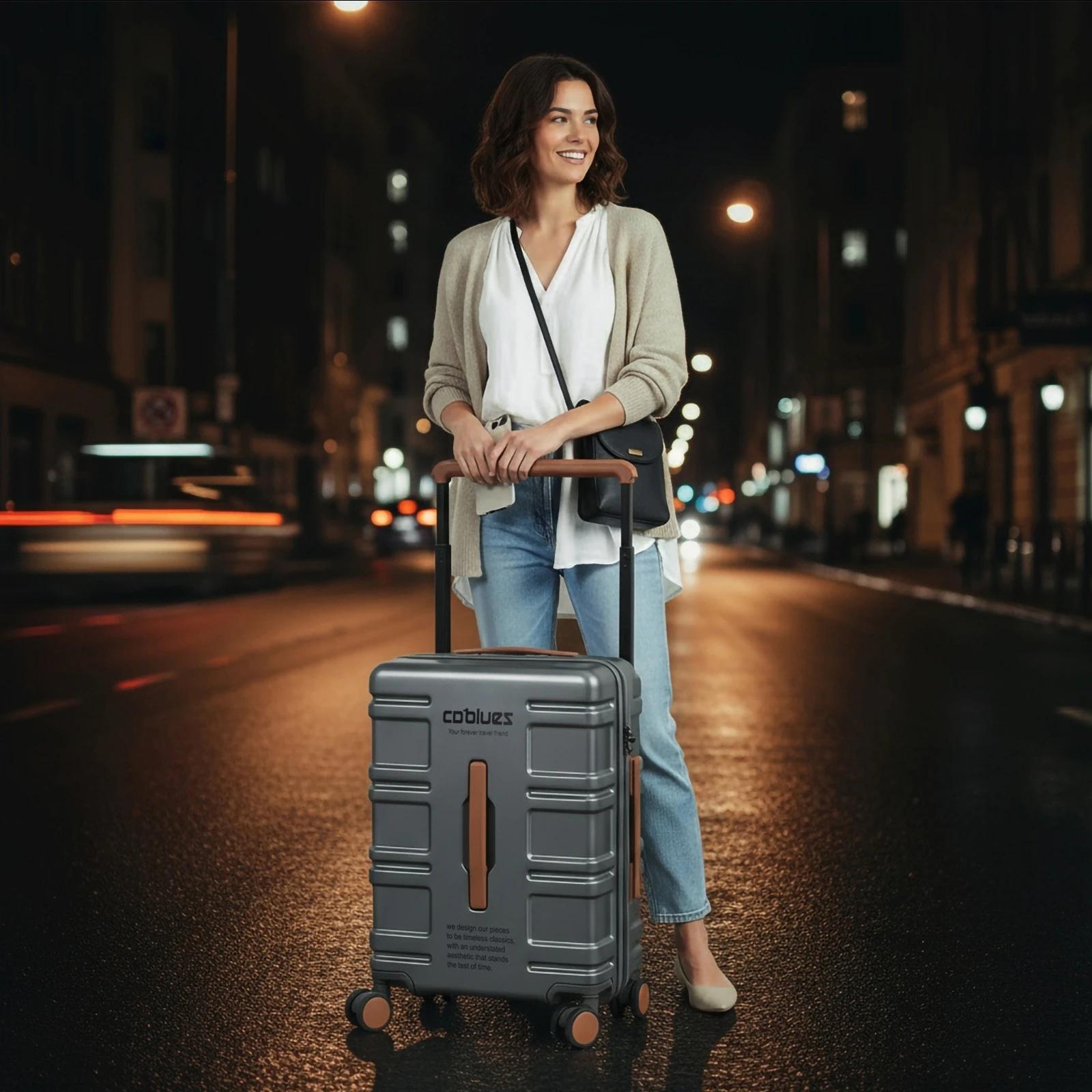 Valise à roulettes grande capacité en PC pur avec poignée large, légère, avec serrure douanière, rou