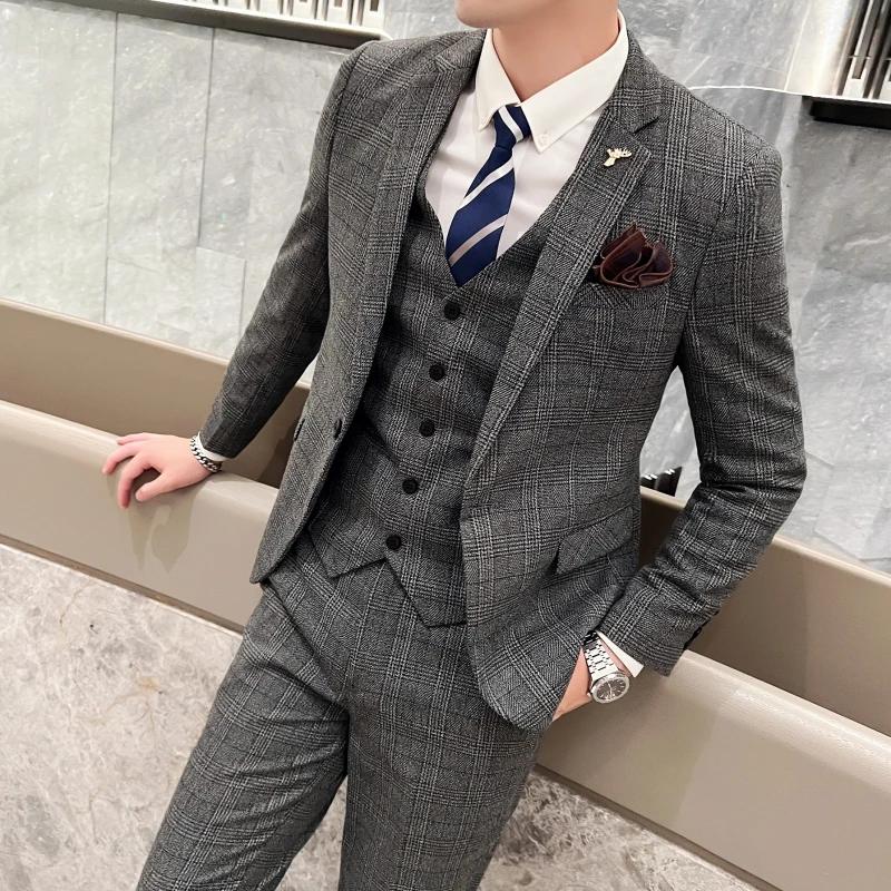 Ensemble trois pièces pour hommes, mode britannique, coupe cintrée, gilet, pantalon, beau, tendance,