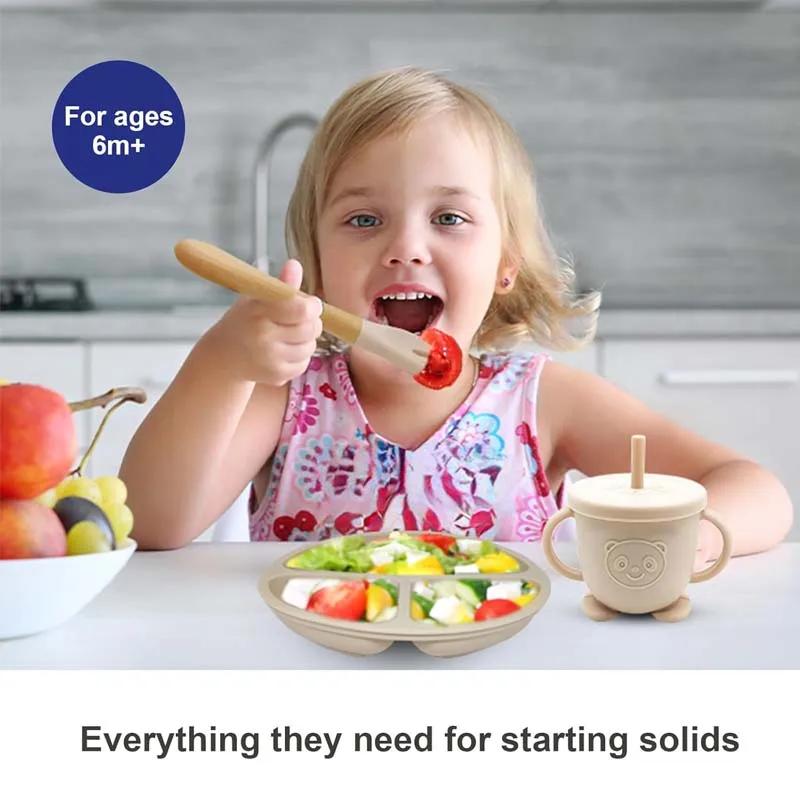 Ensemble d'alimentation bébé 8 pièces en silicone - Vaisselle pour enfants avec assiettes, bols et couverts