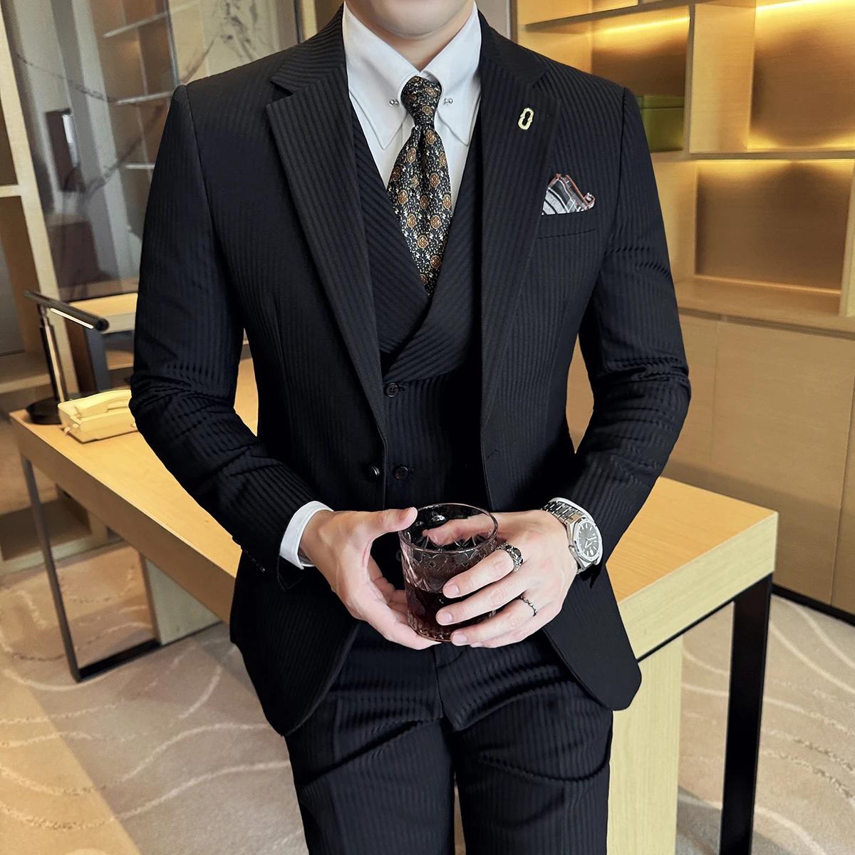 (Vestes + pantalons + gilet) costume de luxe à rayures pour hommes Version coréenne mode élégant cou