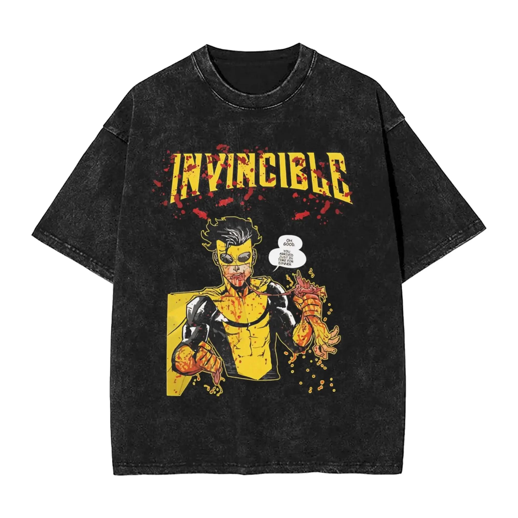 T-shirt unisexe oversize en coton, style streetwear, imprimé manga invincible américain, effet délav
