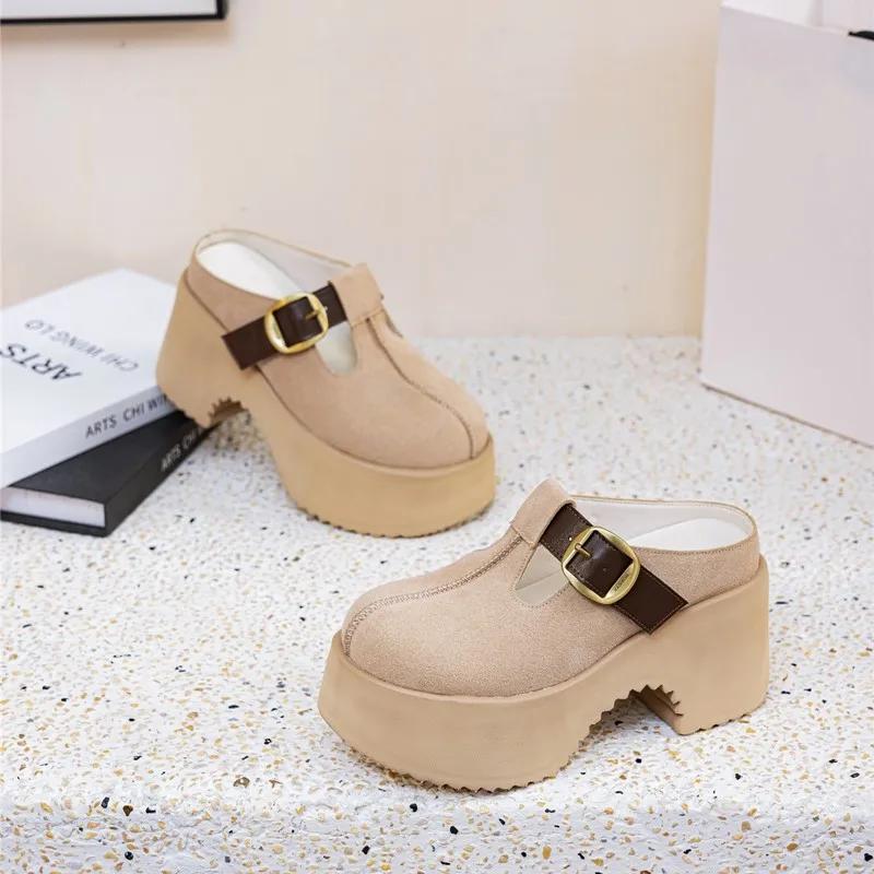 Mules pour femmes à talon haut de 9 cm, plateforme, en cuir véritable, à bout fermé, style décontrac
