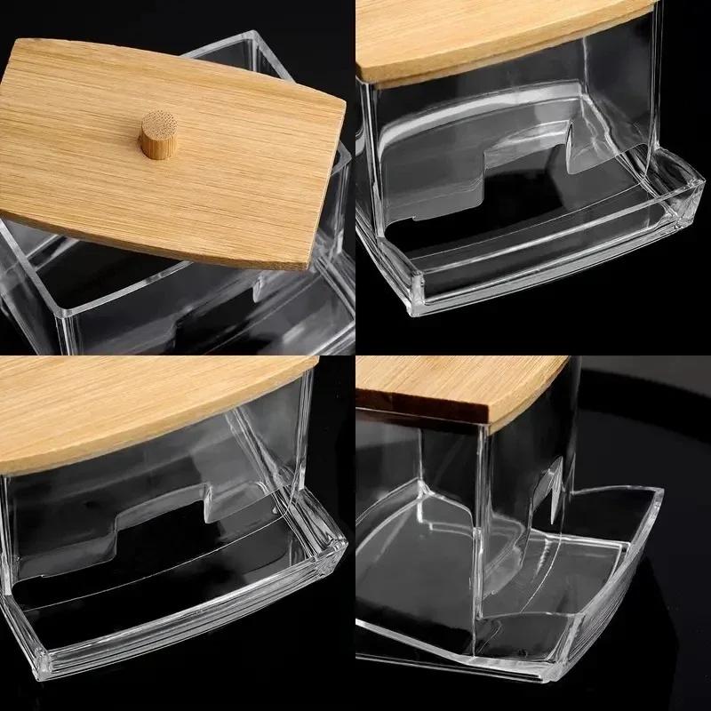 Boîte rangement coton-tige bambou transparente - Organisation salle de bain écologique - Conteneur cure-dents