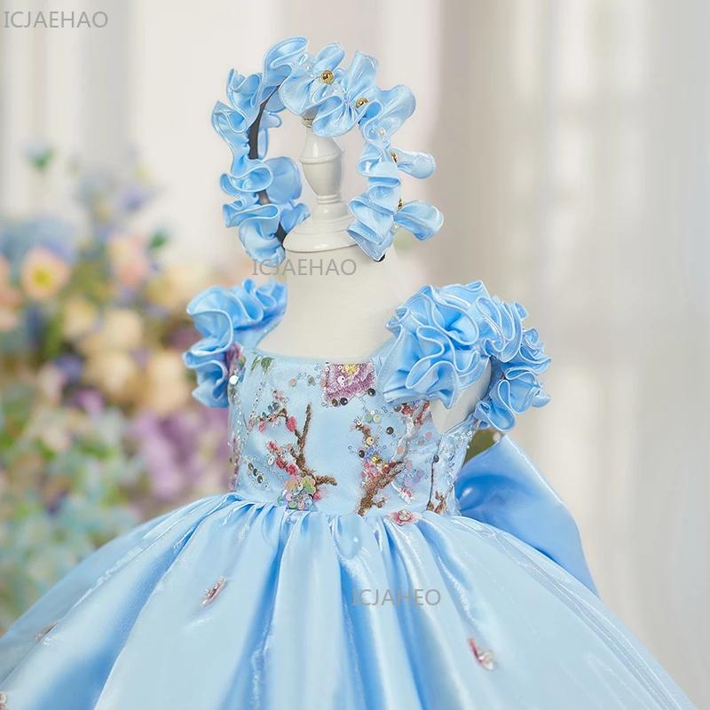 Nouvelle Robe de Princesse Bleue pour Enfants à Manches Volantes et Moelleuses, Robe de Cérémonie po