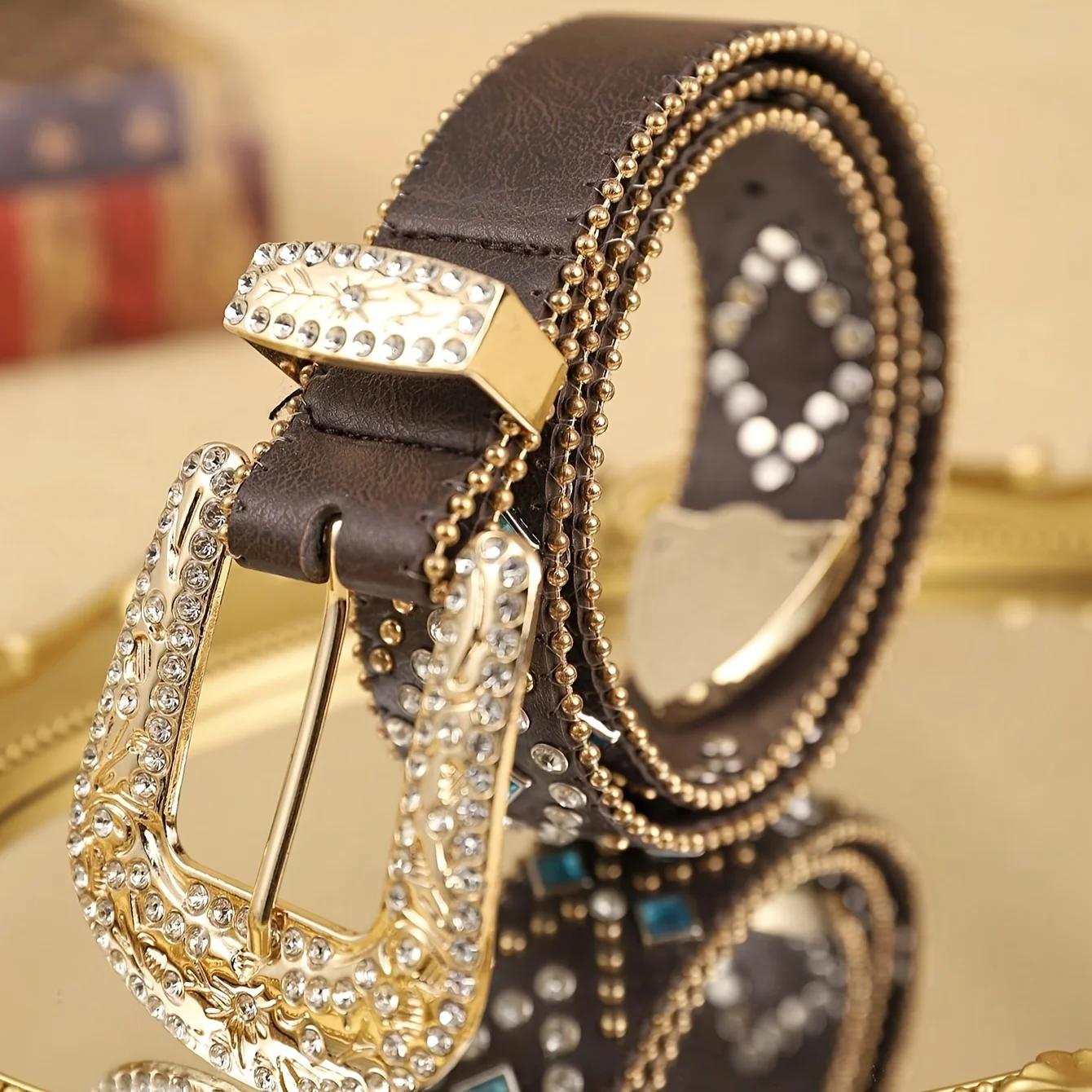 Ceinture en cuir PU marron pour femmes, 1 pièce, avec chaîne perlée bleu cobalt, ceinture en cuir de