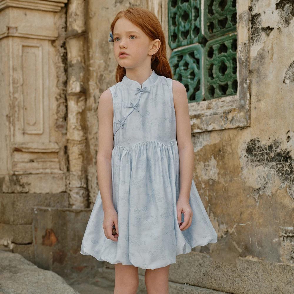 Robes d'été imprimées pour filles Dave Bella, style princesse, 7-13 ans, sans manches, style chinois