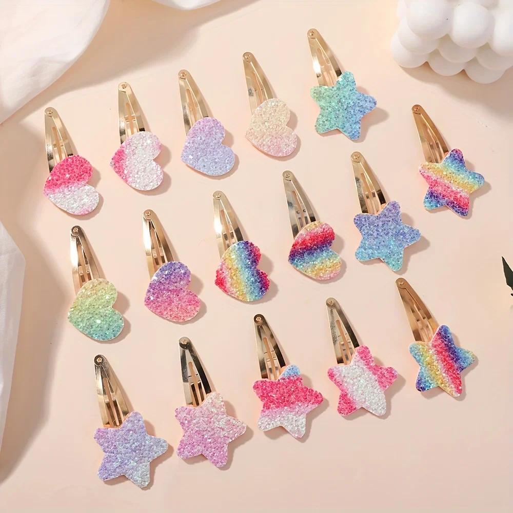 Épingles à cheveux faites à la main pour filles, 16 pièces, paillettes, fleur arc-en-ciel, lapin BB,