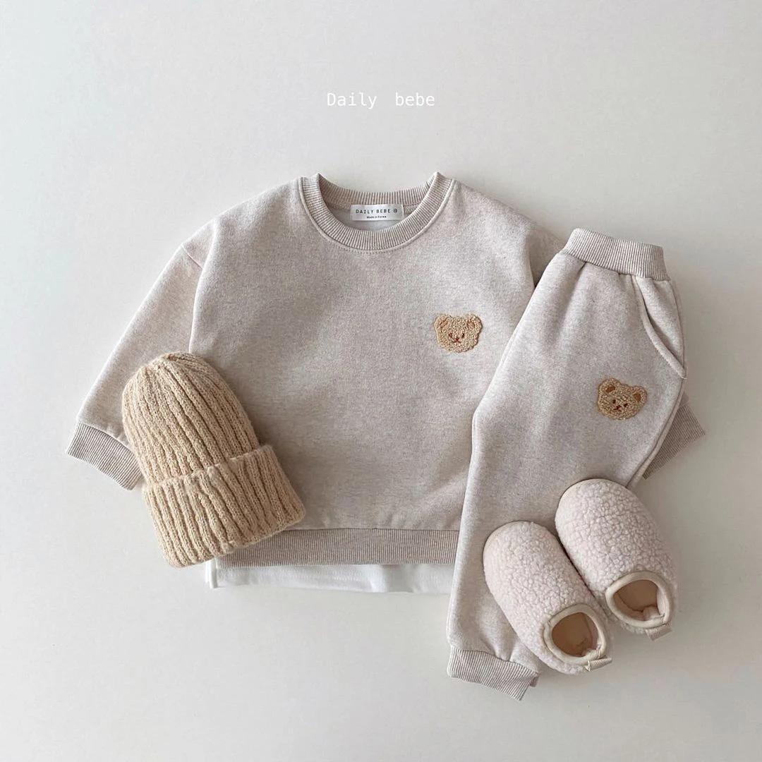 Ensemble de pull en polaire avec broderie d'ours pour fille de 1 à 5 ans, sweat-shirt + pantalon de