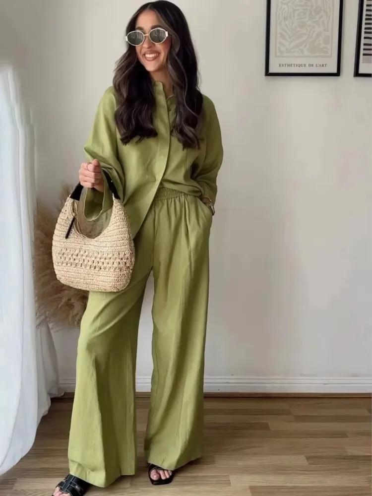 HH femmes décontracté solide Blouse pantalon ensembles ample à manches longues revers chemises taill