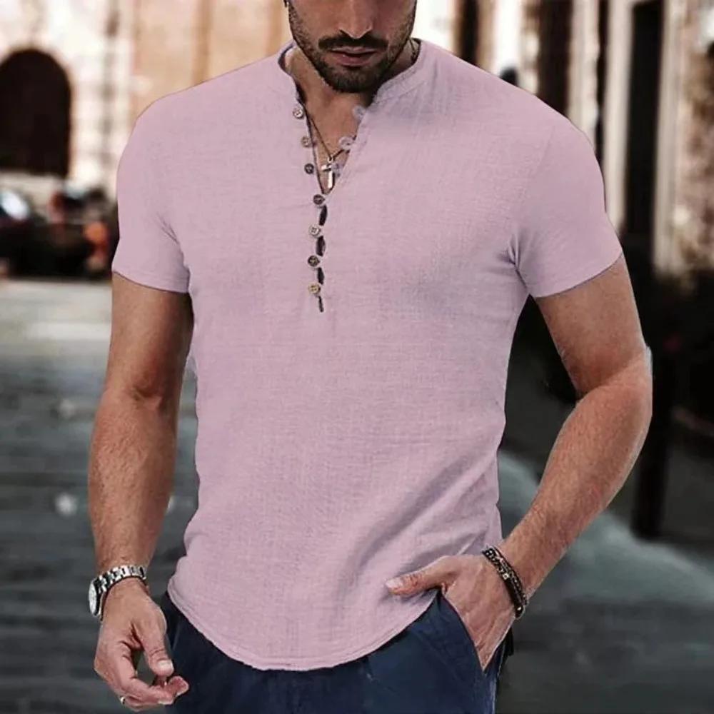 T-shirt à manches courtes pour hommes, chemise boutonnée en coton et lin, vêtements décontractés pou