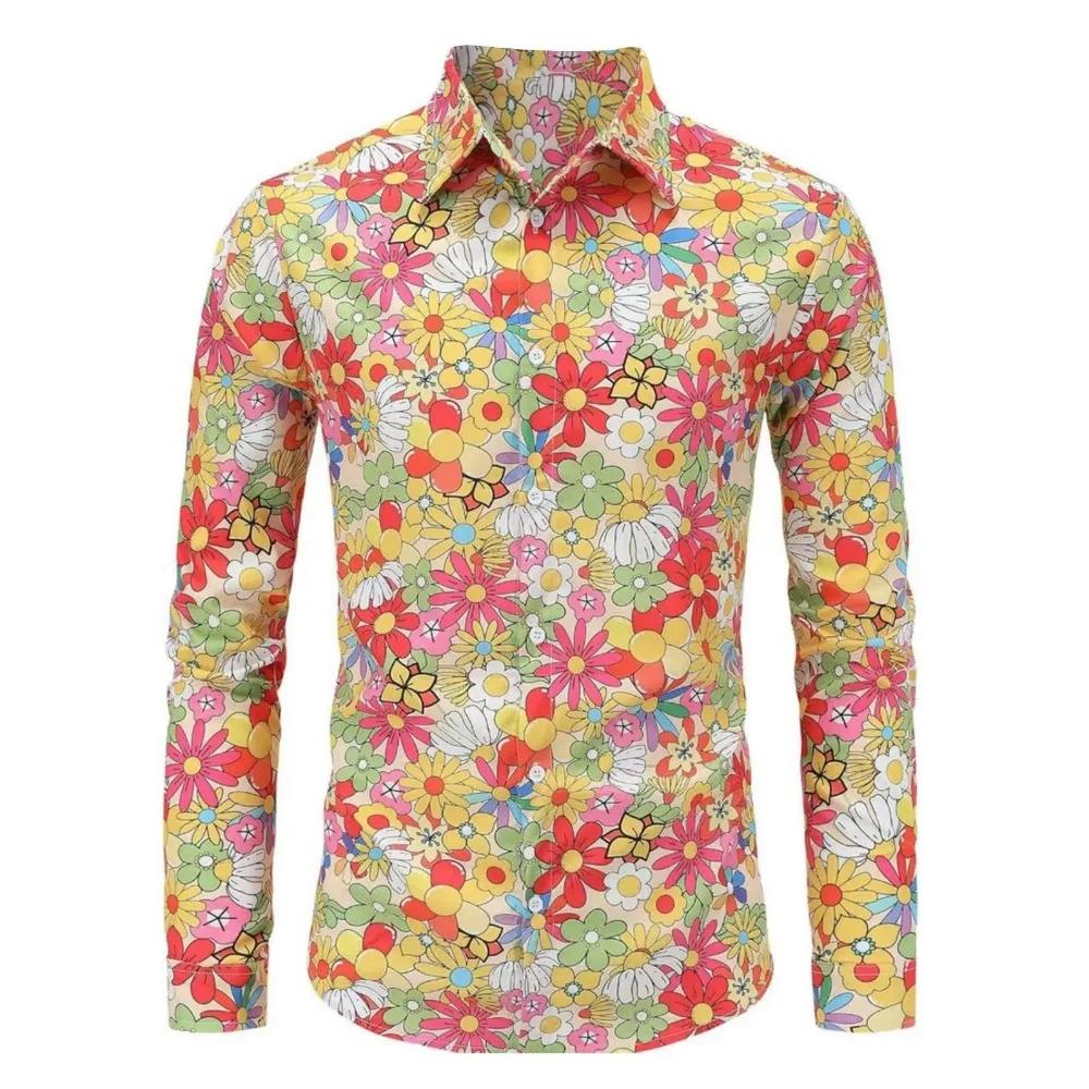 Chemises à manches longues pour hommes Hippie années 70 Disco Hip Hop bouton fleur rétro chemise à m