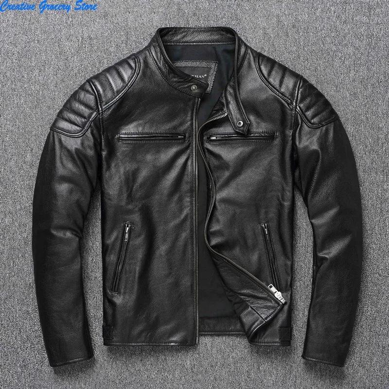 Veste de moto en cuir de vache pour hommes, col montant, mode, couleur unie, ample, polyvalente, déc