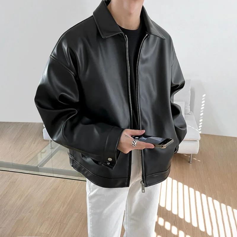 Veste en cuir PU noir surdimensionnée, col zippé, veste pour homme, style coréen, veste bomber décon