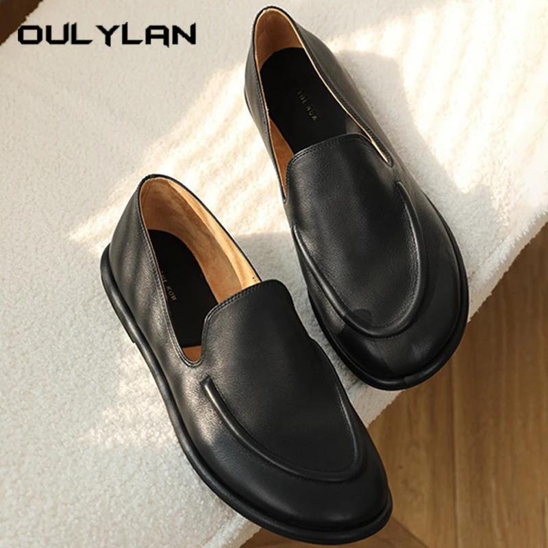 Mocassins ronds en cuir véritable pour femmes, chaussures à enfiler à un pied, chaussures plates sou