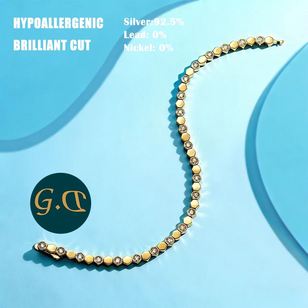 Bracelet de Tennis hexagonal en argent Sterling 925 plaqué or 14K pour femmes, couleur scintillante,