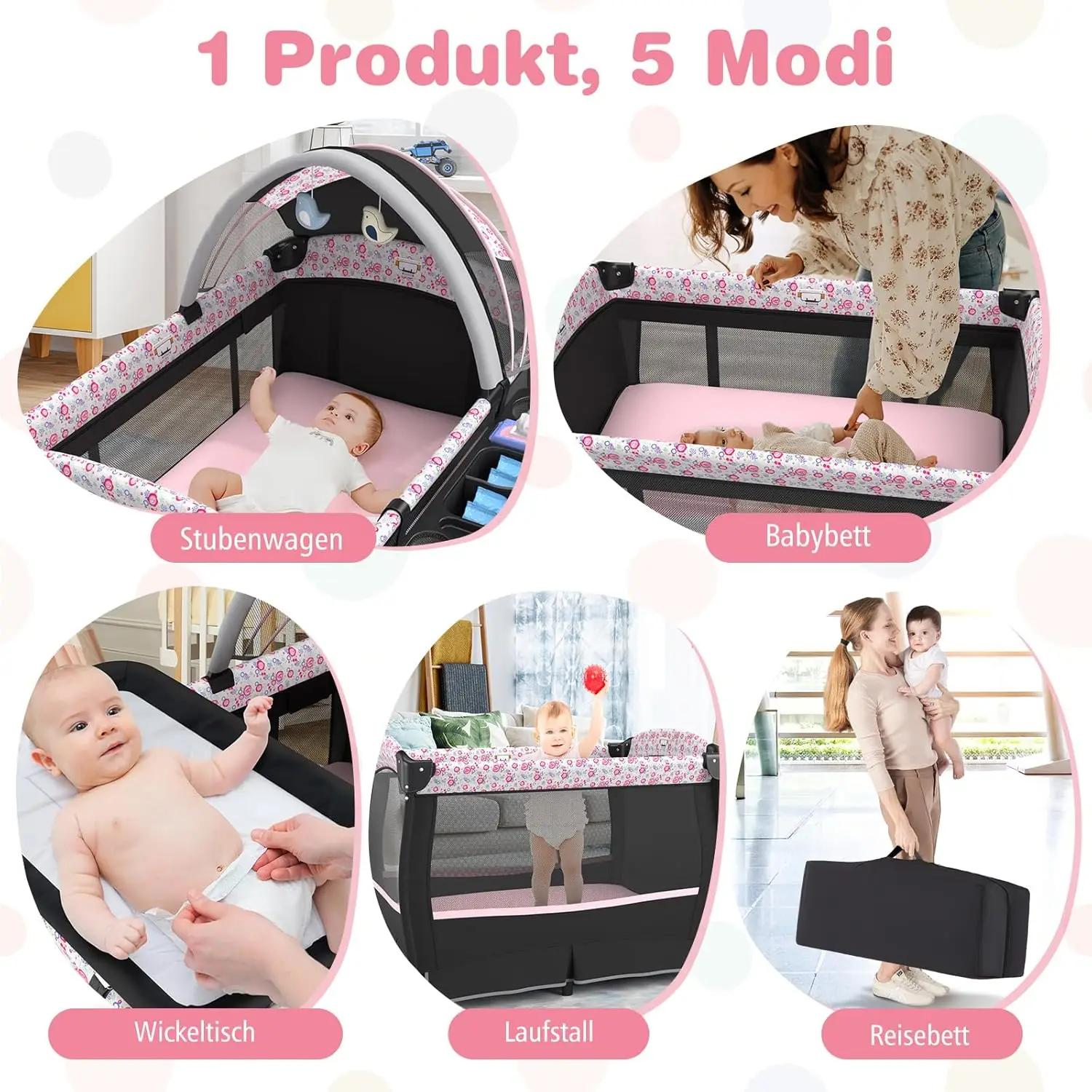 Lit de voyage 5 en 1 avec matelas, avec auvent réglable, avec matelas à langer, boîte à musique et s