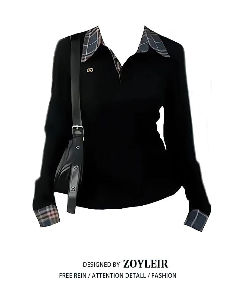 T-shirt à col polo à carreaux pour femme, manches longues, effet deux pièces, haut basique, chemisie