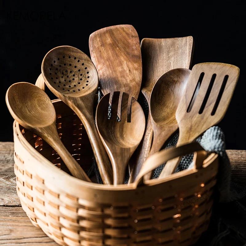 Cuillères en bois pour la cuisine, ustensiles en bois pour la cuisine avec porte-ustensiles, ensembl
