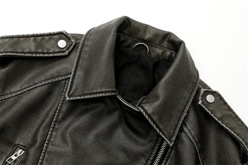 2025New Coal gray le Veste en cuir lavé pour femme avec ceinture, manteau court avec fermeture éclai