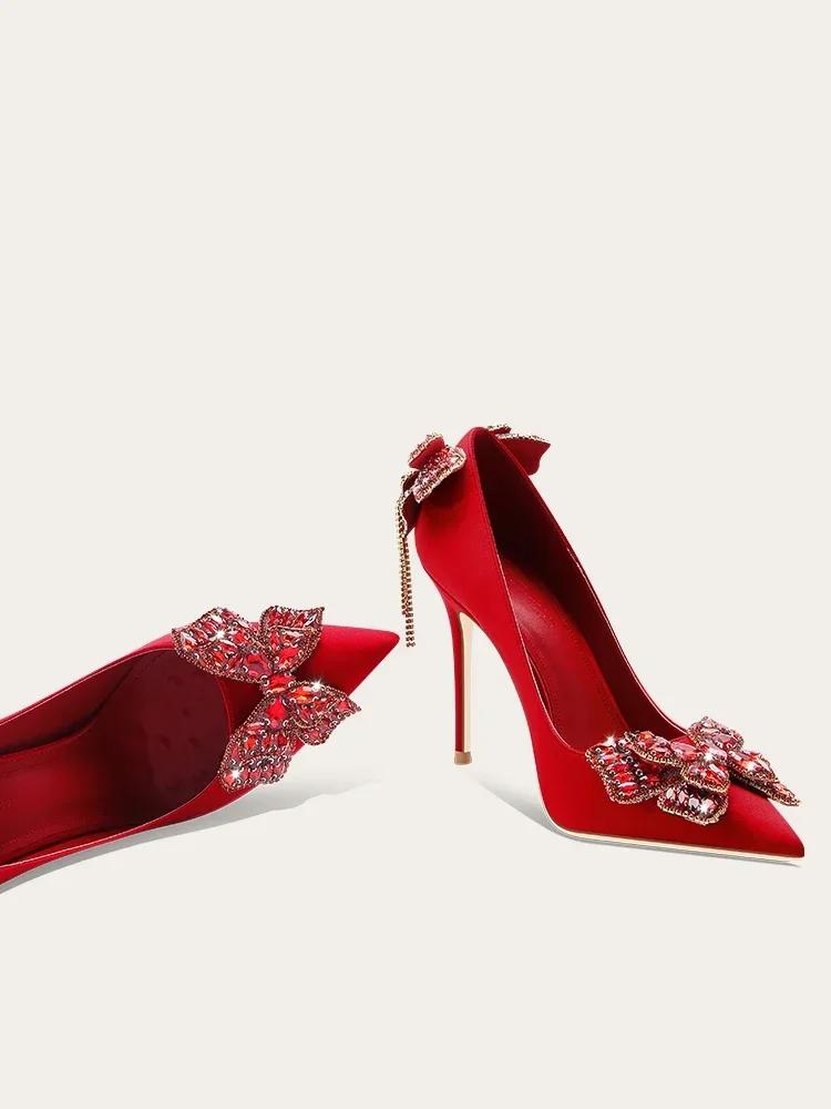 Chaussures à talons hauts pour femmes, chaussures de mariage à la mode avec pompon papillon rouge ch