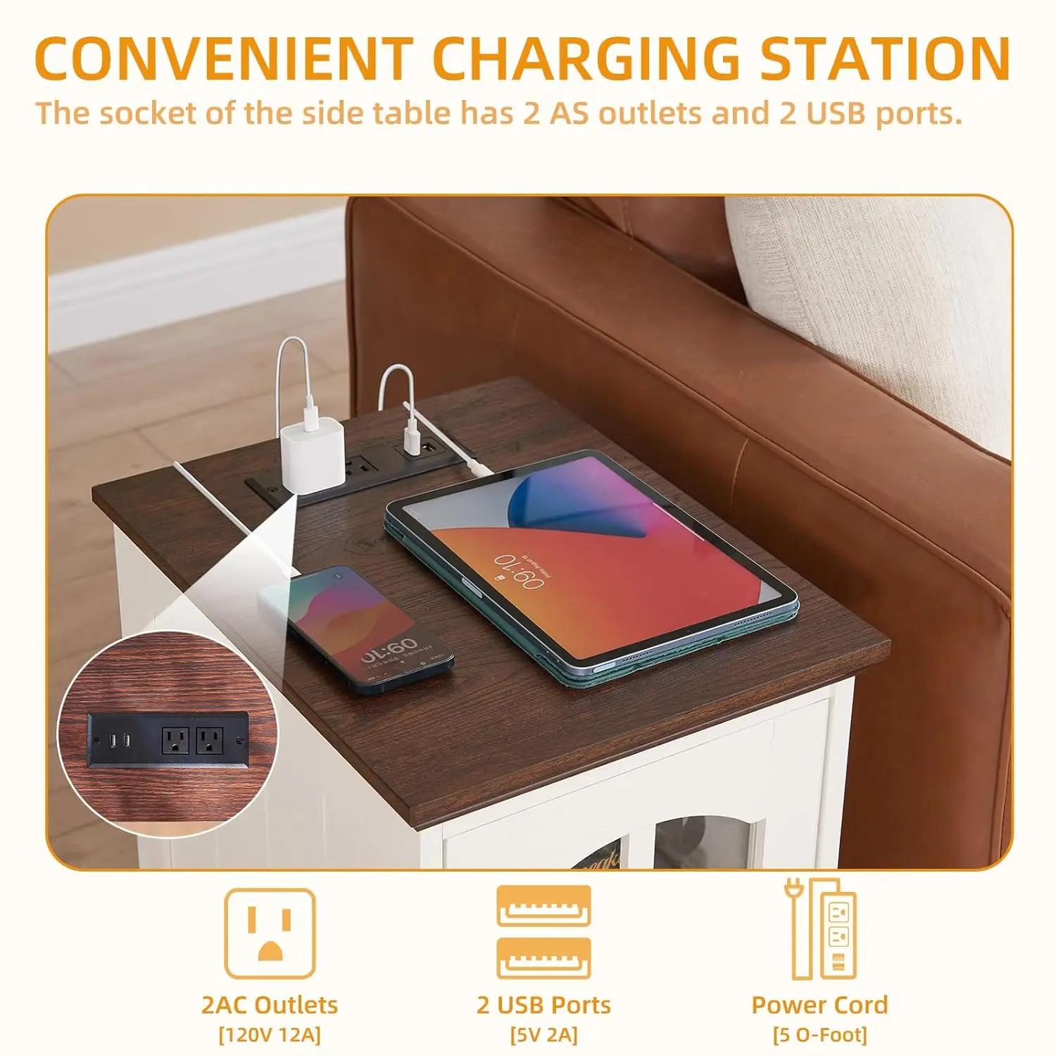Ensemble de 2 tables d'appoint étroites blanches avec station de charge, table d'appoint en verre st