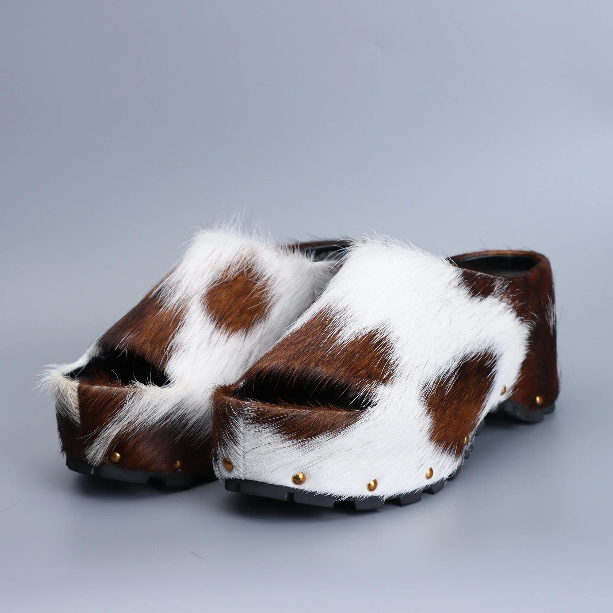 Mules à plateforme de luxe pour femmes, chaussures de styliste, en poils de veau véritable, doublées