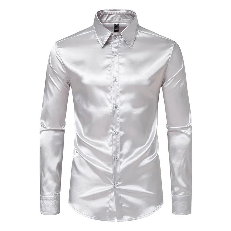 Chemises de luxe en Satin noir pour hommes, chemise de smoking lisse en soie, couleur unie, pour fêt