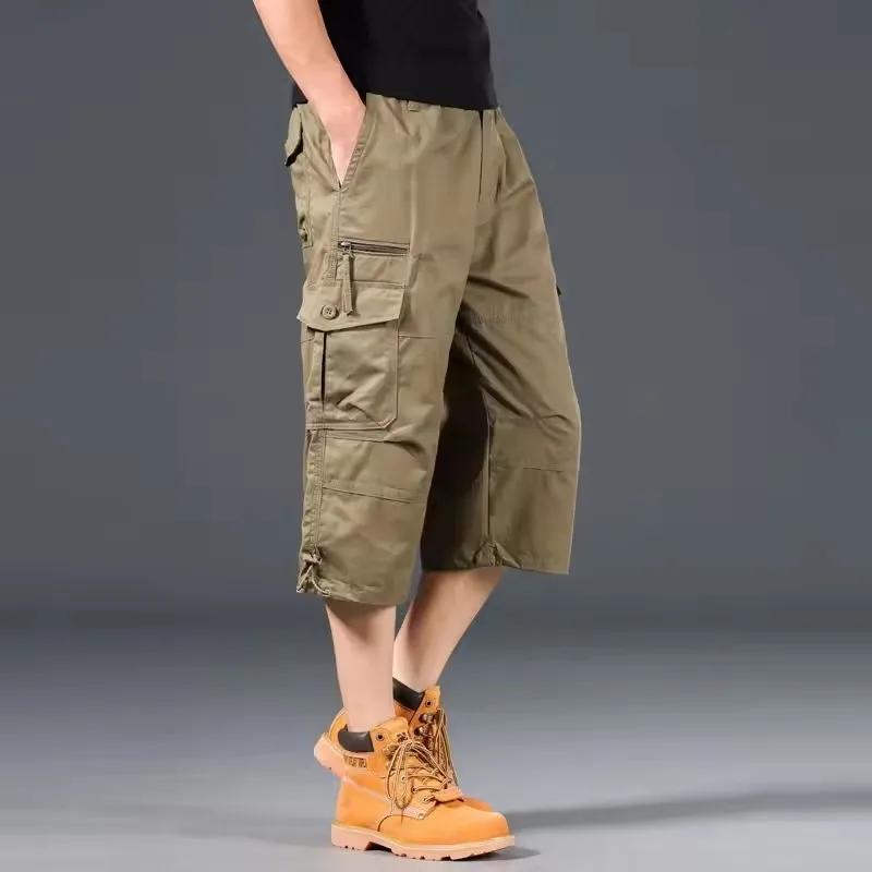Shorts Cargo d'été pour Hommes, Longueur Genou, Décontractés, Taille Élastique, en Coton, Multi-Poch
