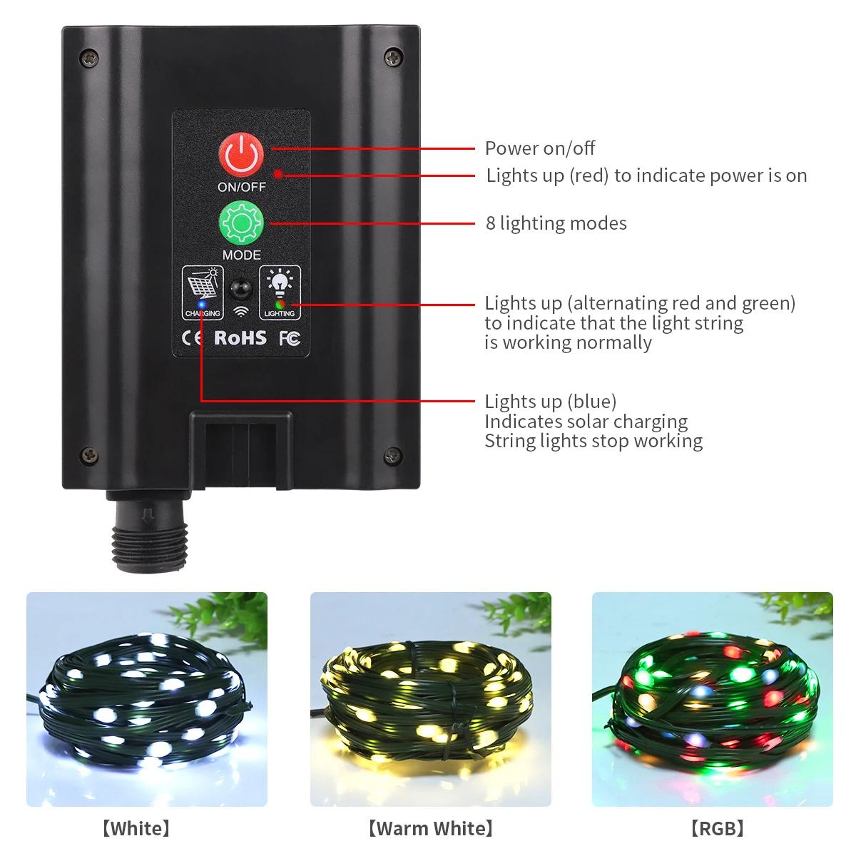 Guirlande solaire LED en cuir, 100M, lumières de noël, étanche, pour l'extérieur, lampe solaire haut