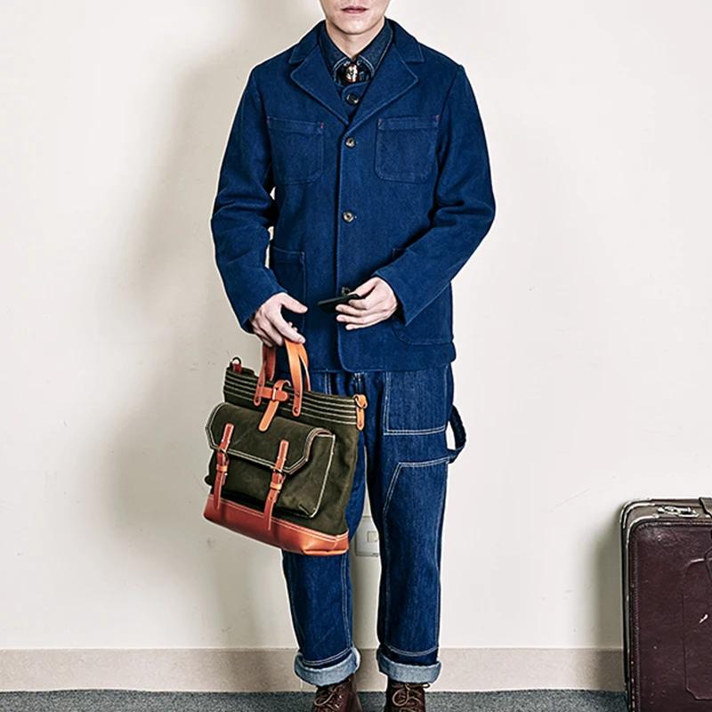 Veste Cargo Indigo en Coton pour Homme, Manteau à Revers, Multi-Poches, Vintage, Optique Française,