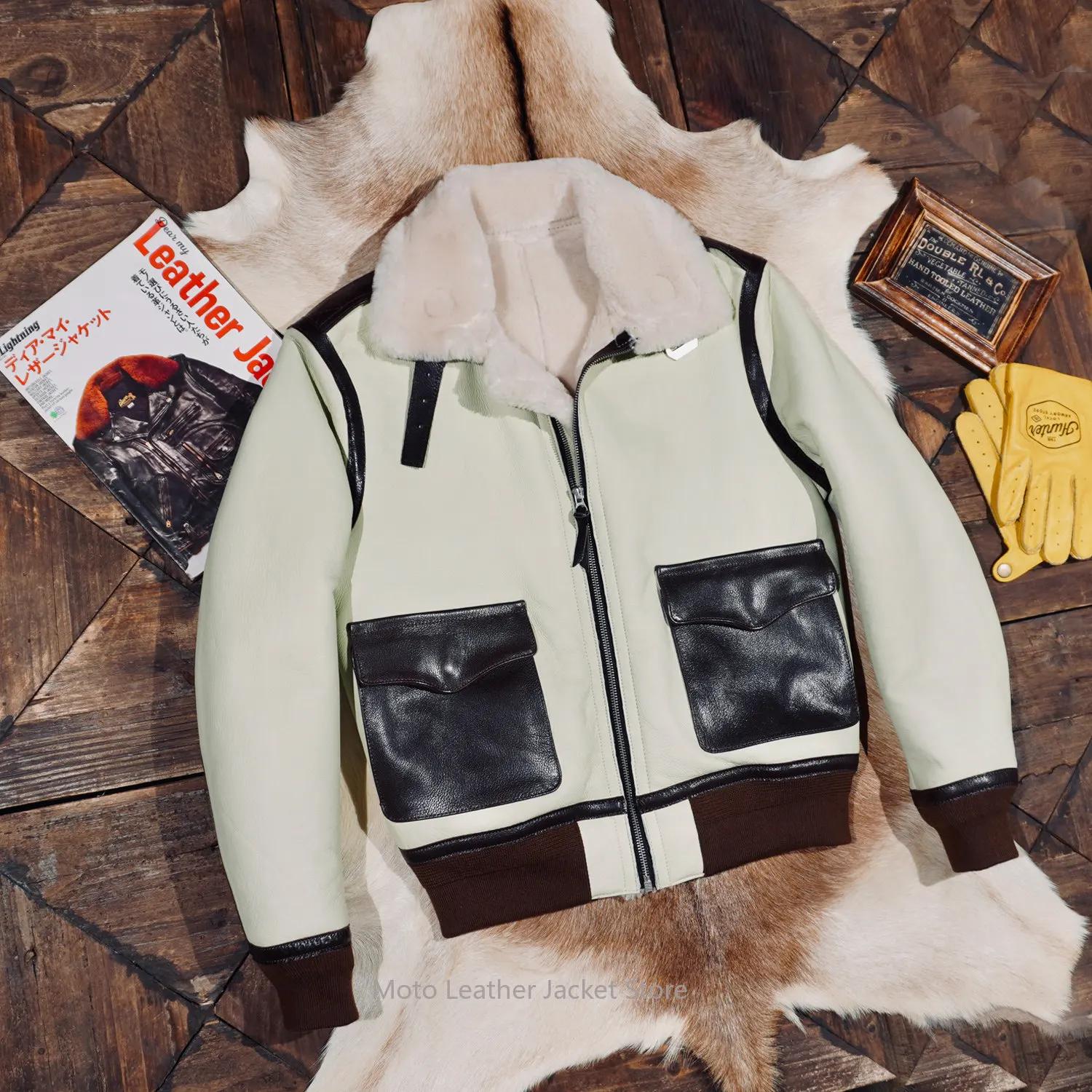 Blouson Aviateur Classique A2 en Peau de Mouton et Fourrure, Manteau Hiver Chaud et Coupe-Vent en Cu