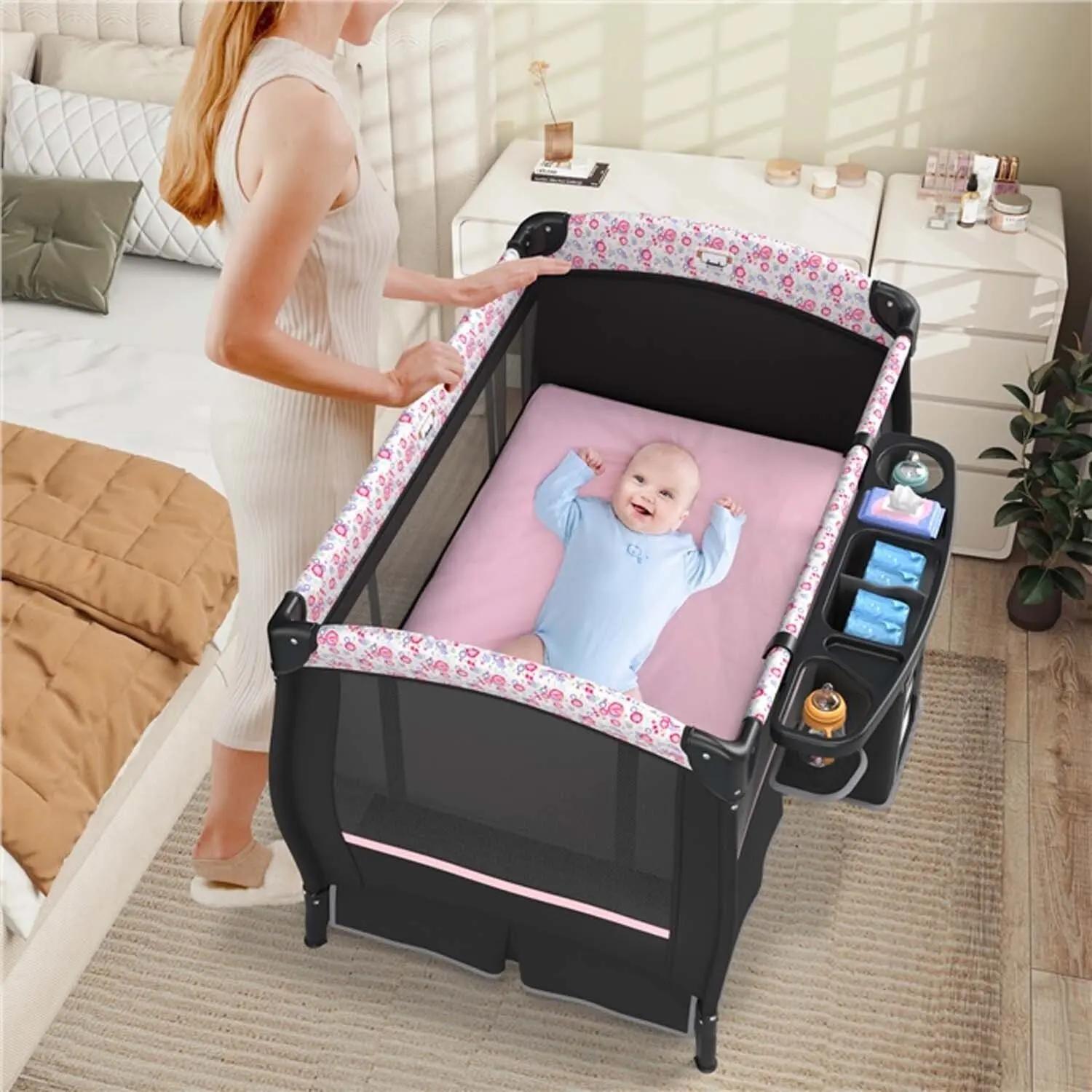 Lit de voyage 5 en 1 avec matelas, avec auvent réglable, avec matelas à langer, boîte à musique et s