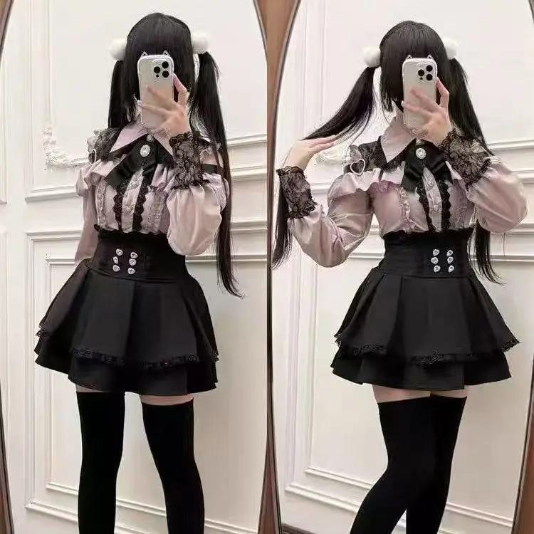 Ensemble Lolita de Type sol en forme de cœur doux foncé, haut à manches à volants et jupe trapèze, j