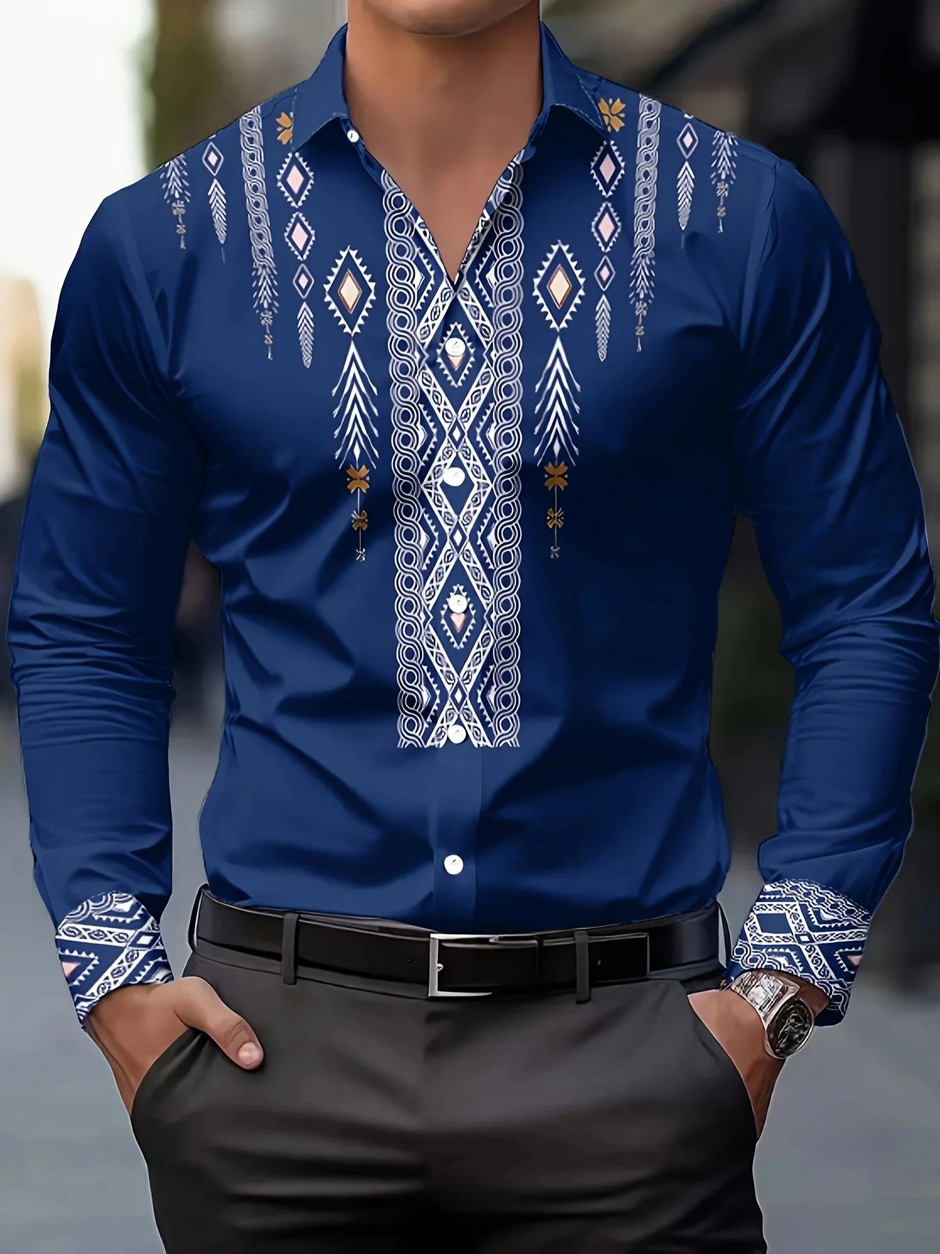 Chemise décontractée à imprimé ethnique pour hommes – Boutonnée respirante à manches longues avec mo