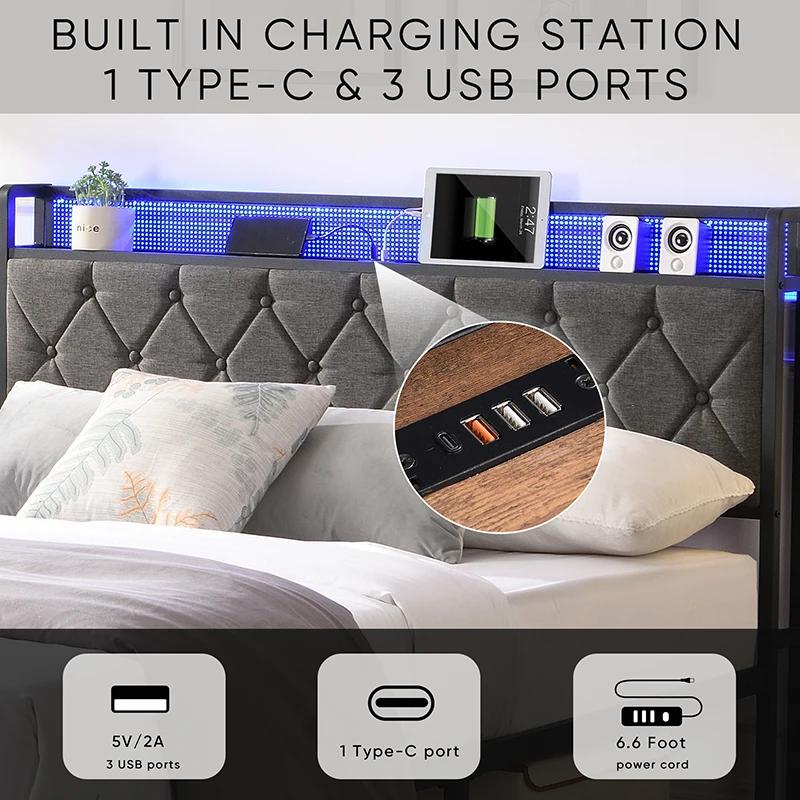 Cadre de lit King avec planche de sauna de rangement, station de charge et lumières LED, lit platefo