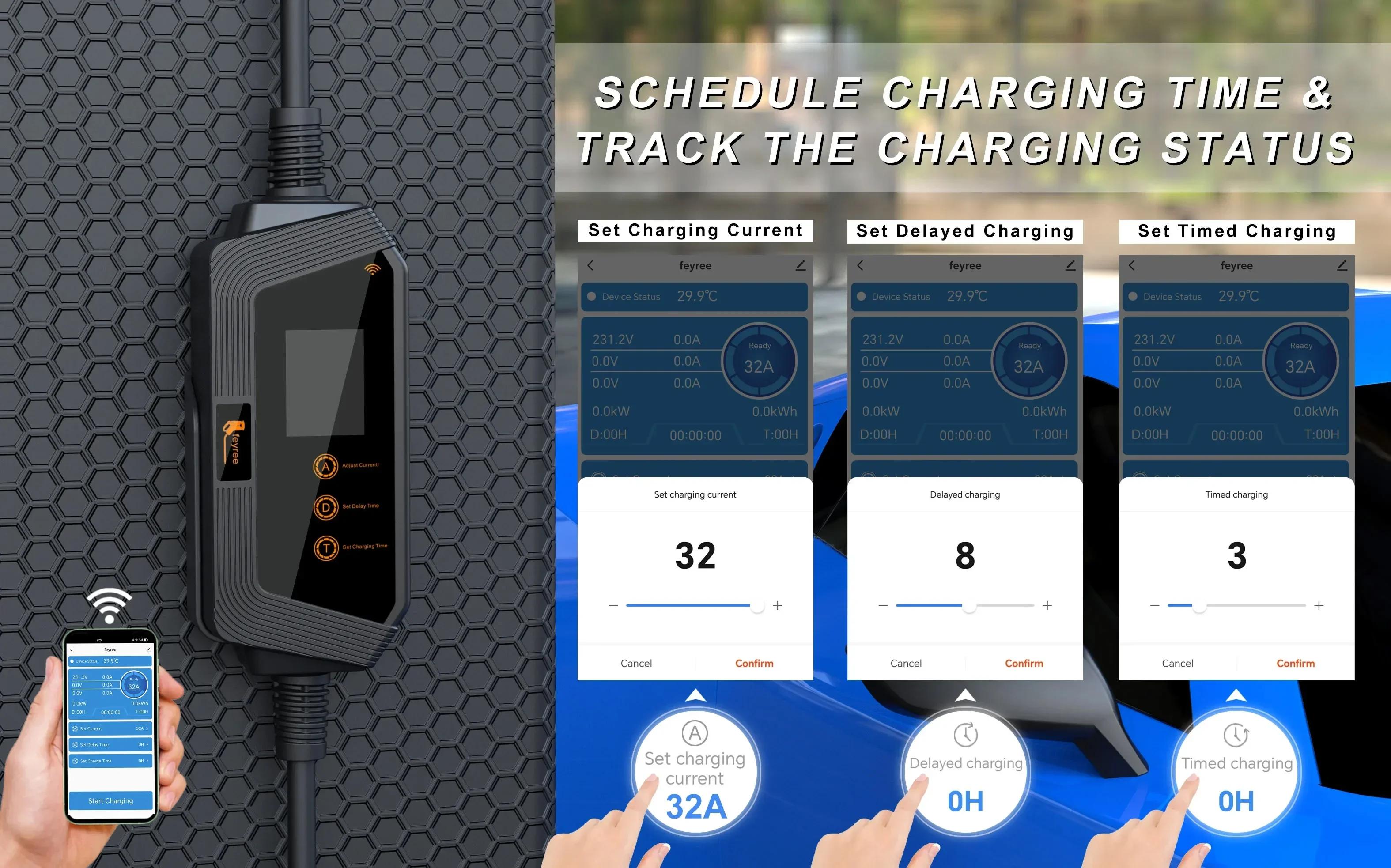 Feyree 7KW 32A chargeur EV réglable prise GBT APP Version Bluetooth ensemble temps de charge boîte d