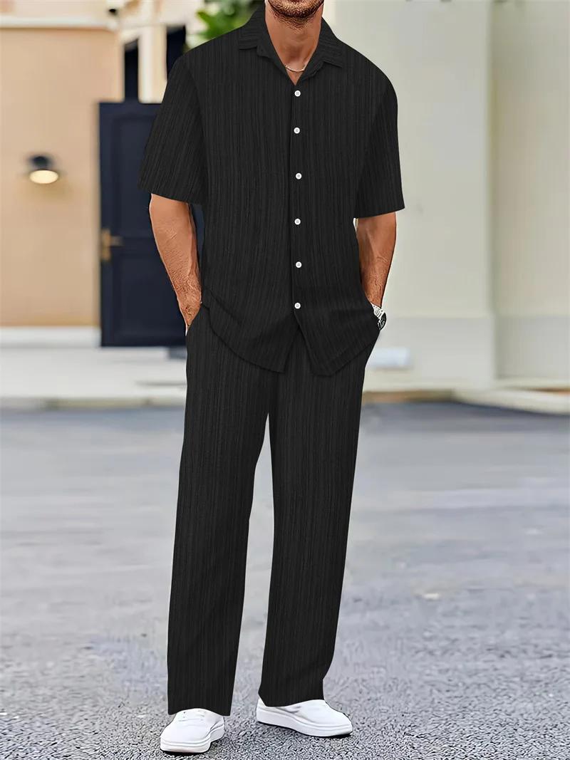 Printemps été hommes ensembles cardigan à manches courtes chemise à revers + pantalon costume hommes