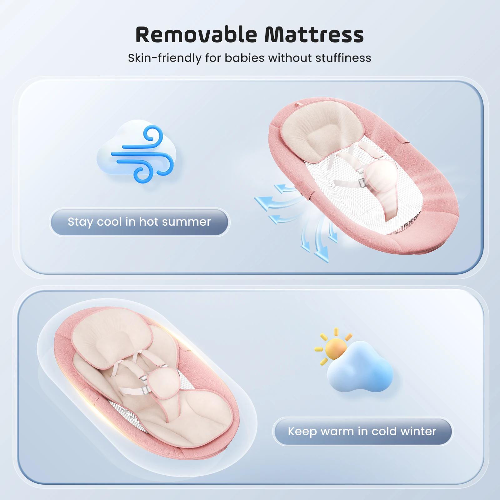 Balançoire électrique bébé avec 3 minuteries, application et télécommande - 5 vitesses, 10 musiques Bluetooth rose