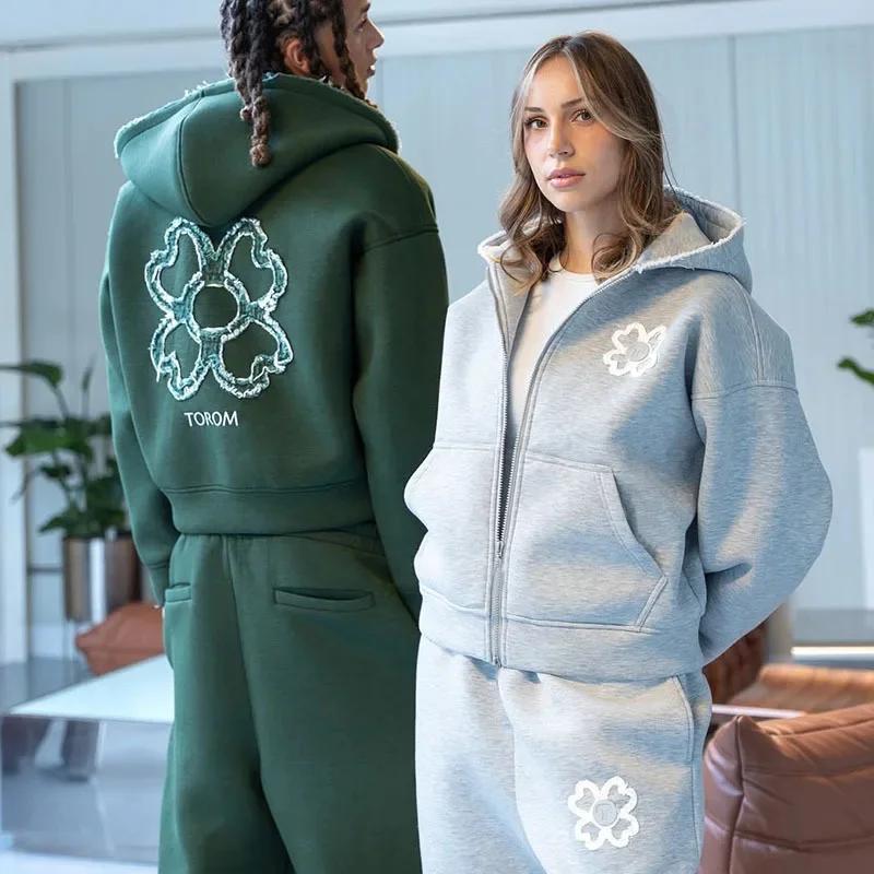 Ensemble survêtement homme printemps-automne, sweat à capuche zippé avec applique trèfle à quatre fe