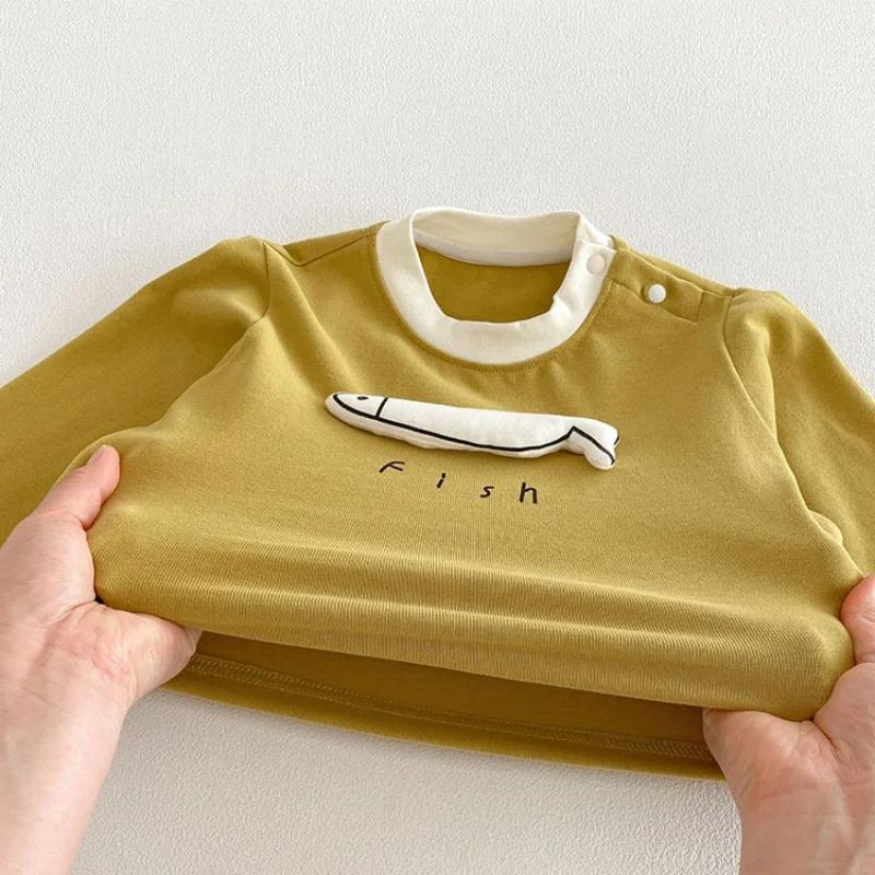 T-shirt à manches longues pour enfants de 6 mois à 4 ans, motif poisson jaune, respirant et doux, po
