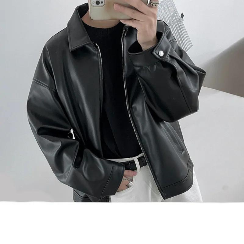 Veste en cuir PU noir surdimensionnée, col zippé, veste pour homme, style coréen, veste bomber décon