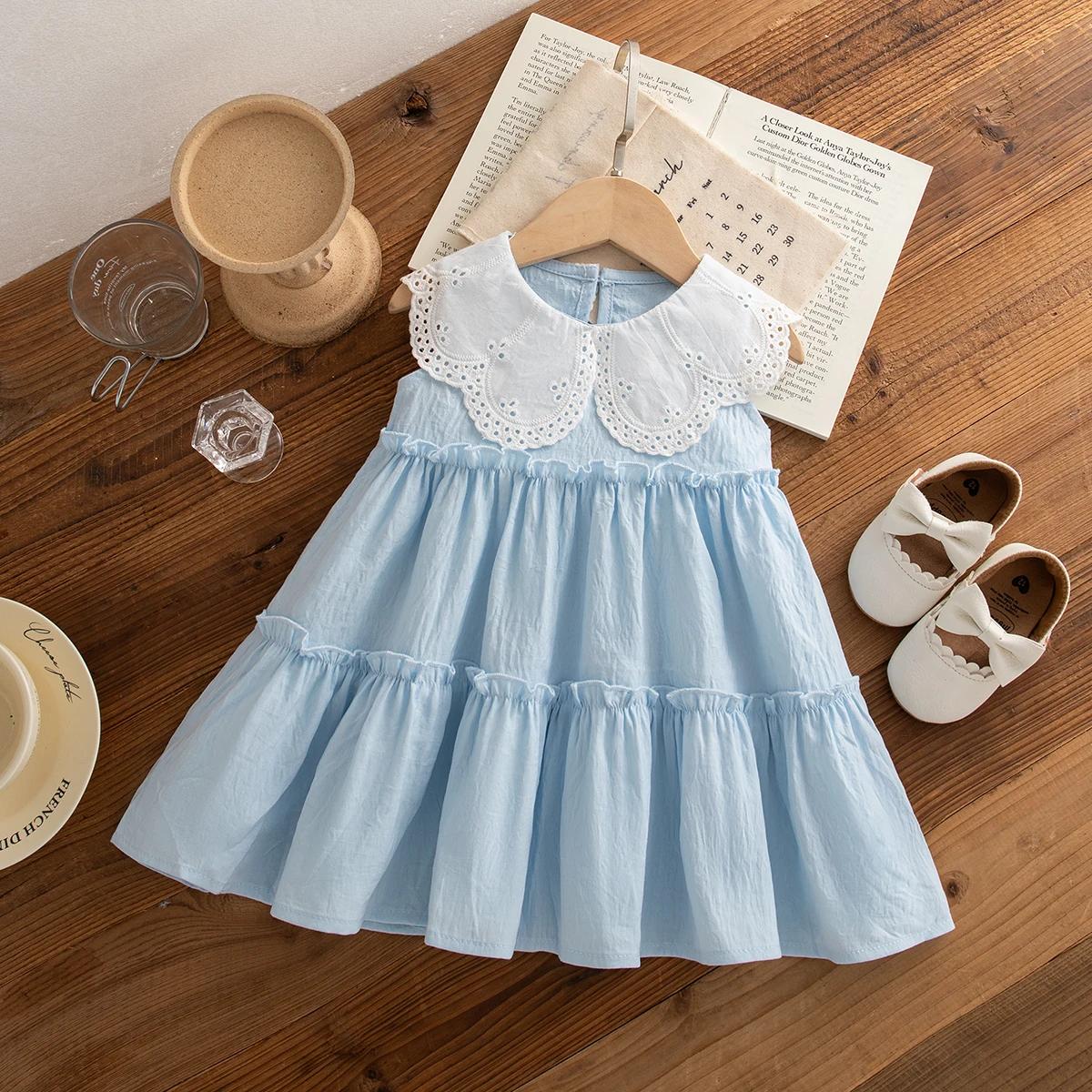 Robe plage été coton filles sans manches à revers couleur unie mignonne