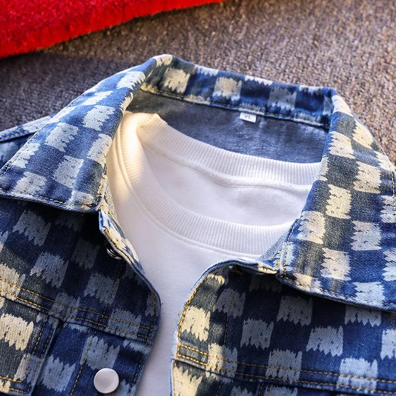 Vestes pour homme, tendance, surdimensionnées, à imprimé damier, en denim, style streetwear décontra
