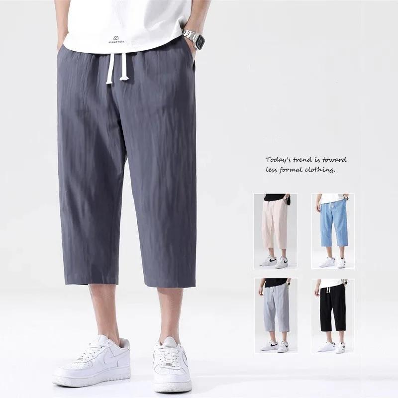 Pantalon court en lin pour hommes, décontracté, couleur unie, jambe droite, léger, grand, imitation